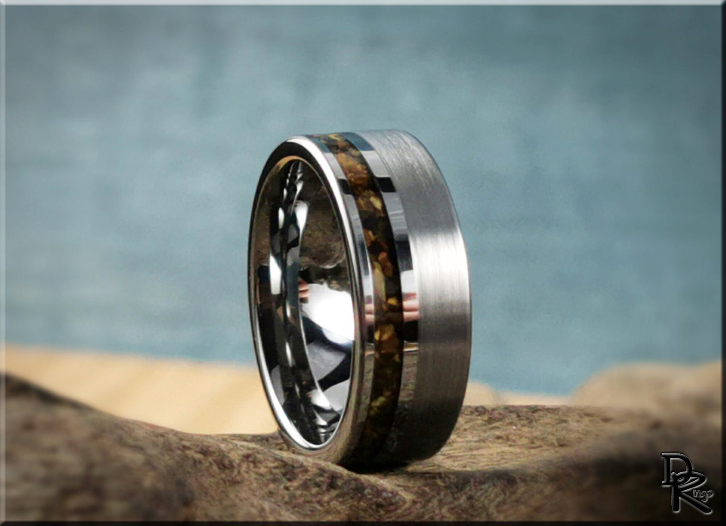 Tungsten Carbide Channel Ring w/offset Tiger's Eye stone inlay - metal ring