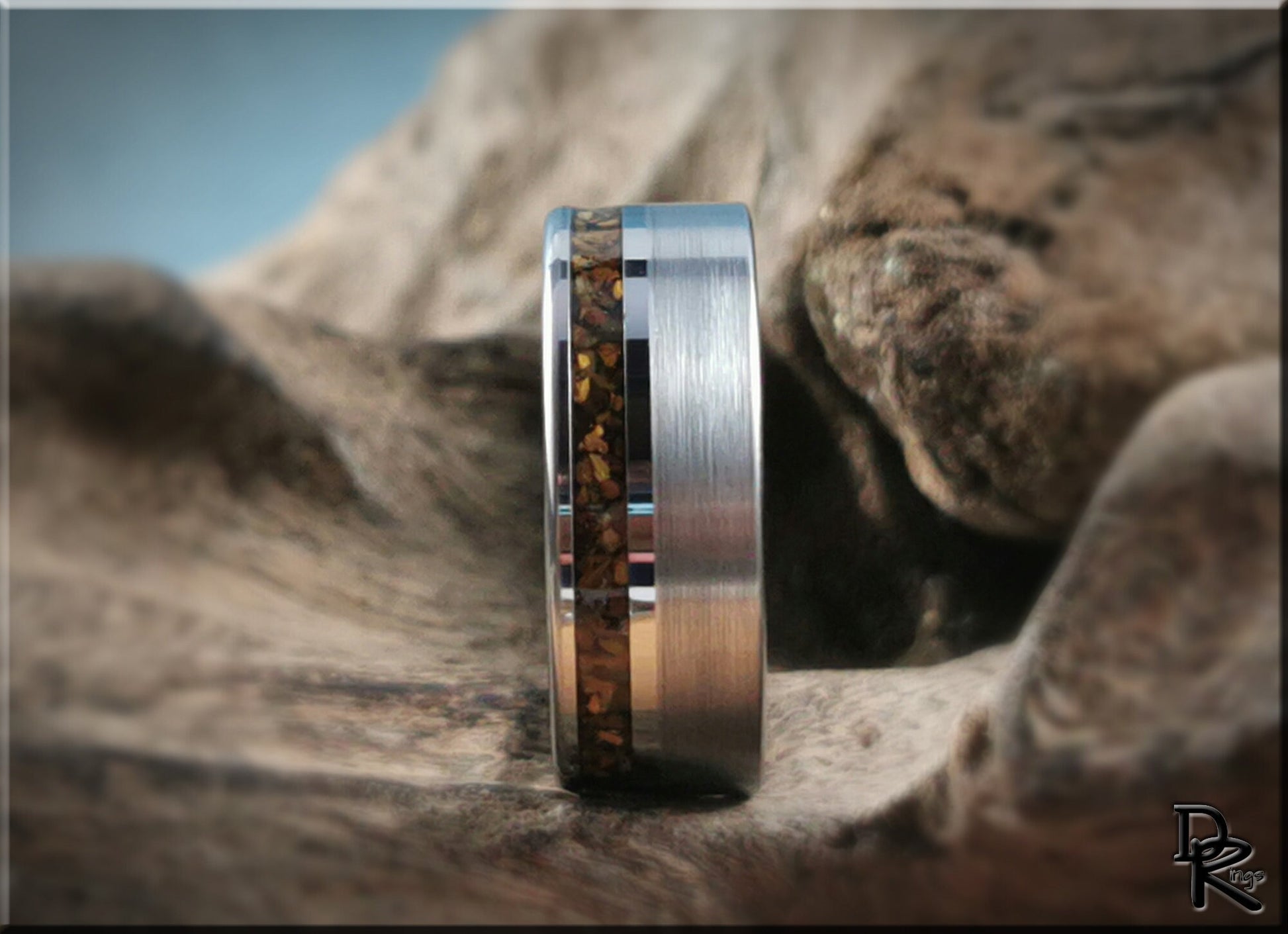 Tungsten Carbide Channel Ring w/offset Tiger's Eye stone inlay - metal ring