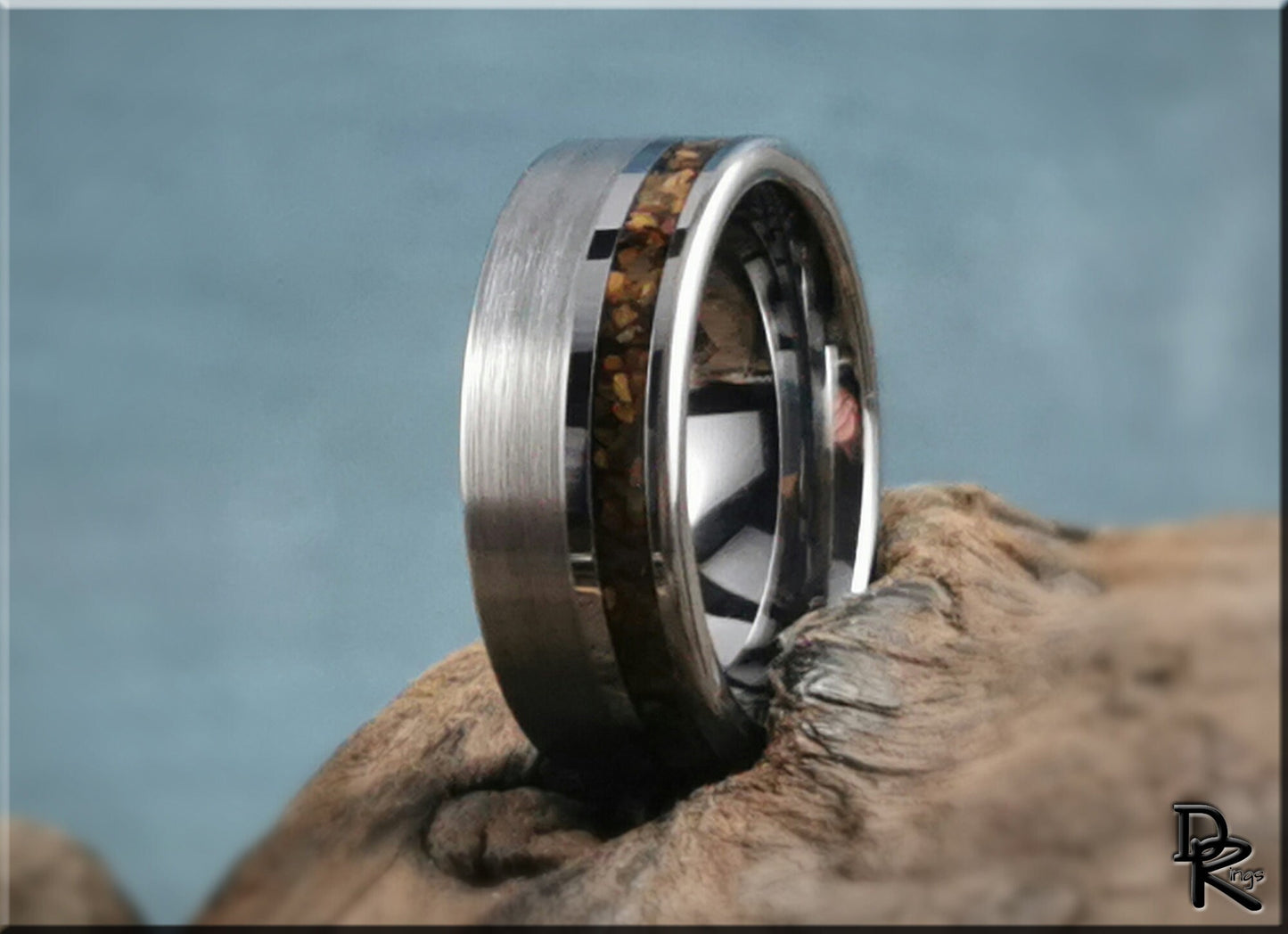 Tungsten Carbide Channel Ring w/offset Tiger's Eye stone inlay - metal ring
