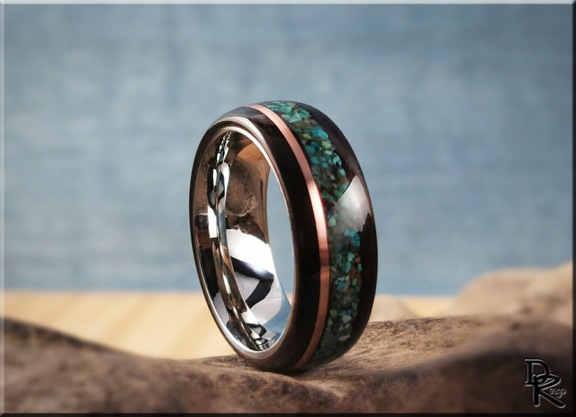 Bentwood Ring - Amara Ebony w/dual Copper and Chrysocolla stone inlay on premium Cobalt Chrome core - wood ring