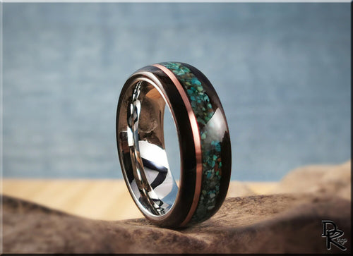 Bentwood Ring - Amara Ebony w/dual Copper and Chrysocolla stone inlay on premium Cobalt Chrome core - wood ring