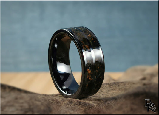 Polished Black Ceramic Dual Channel Ring w/Hawk's Eye stone inlay - ceramic ring