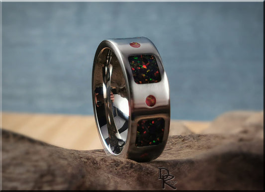 The 'Square Circle' Titanium Pattern Ring w/Dual Opal inlay - metal ring
