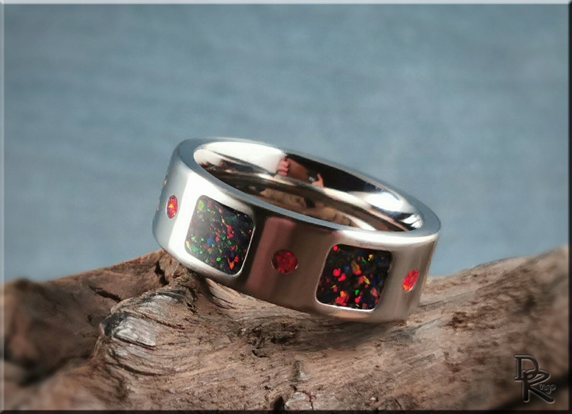 The 'Square Circle' Titanium Pattern Ring w/Dual Opal inlay - metal ring
