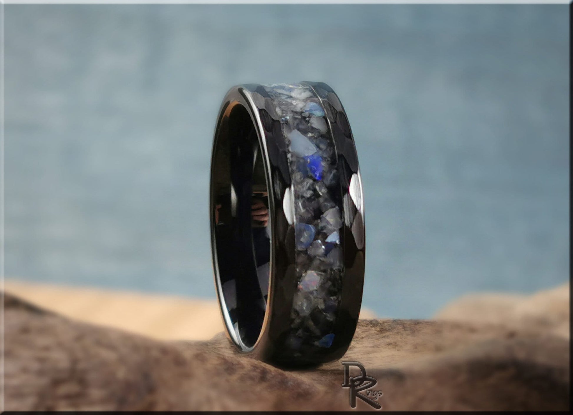 Hammered Black Ceramic 8mm Channel Ring w/Moonstone and Genuine Australian Black Opal - ceramic ring