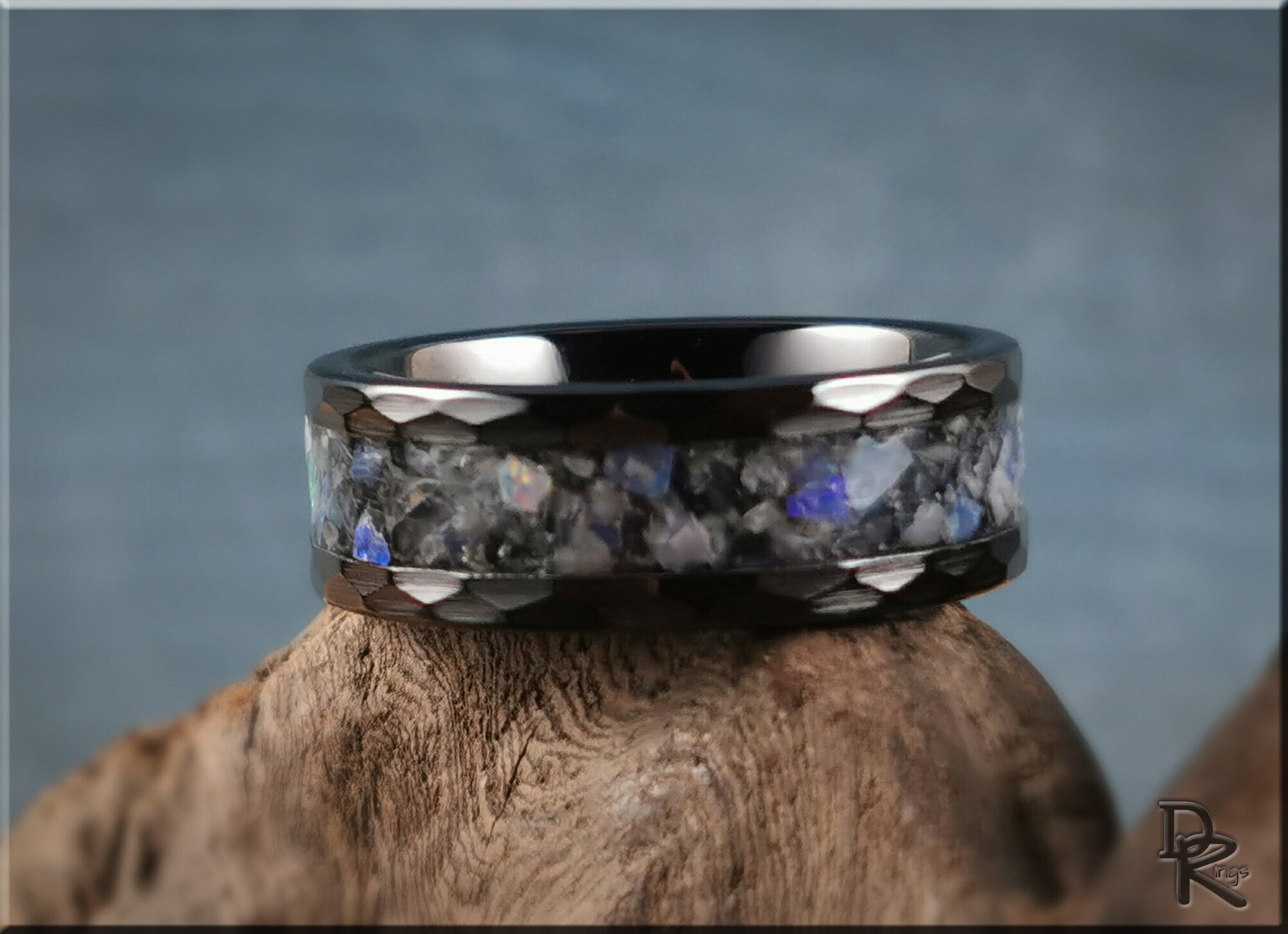 Hammered Black Ceramic 8mm Channel Ring w/Moonstone and Genuine Australian Black Opal - ceramic ring