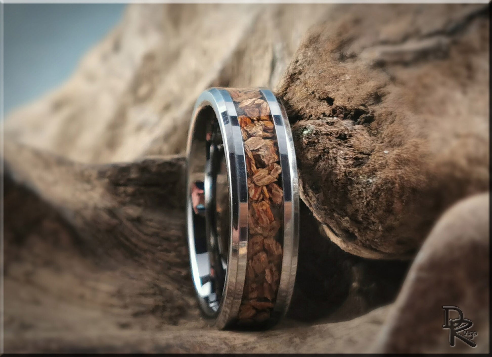 Tungsten Carbide Channel Ring w/Genuine Fossilised Triceratops Bone inlay - metal ring