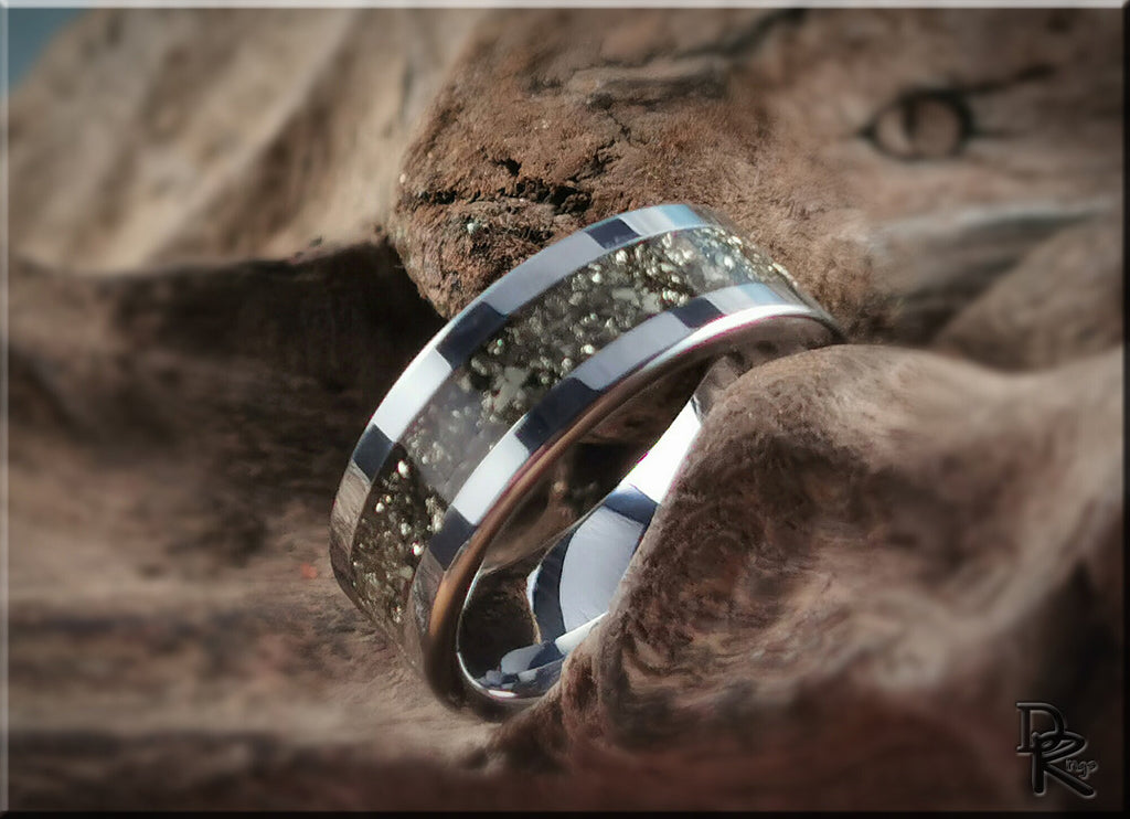 Flat Edge Tungsten Carbide Channel Ring w/Cocada Pyrite inlay - metal ring