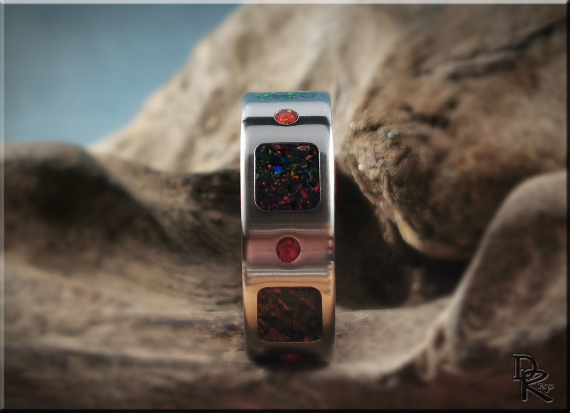 The 'Square Circle' Titanium Pattern Ring w/Dual Opal inlay - metal ring