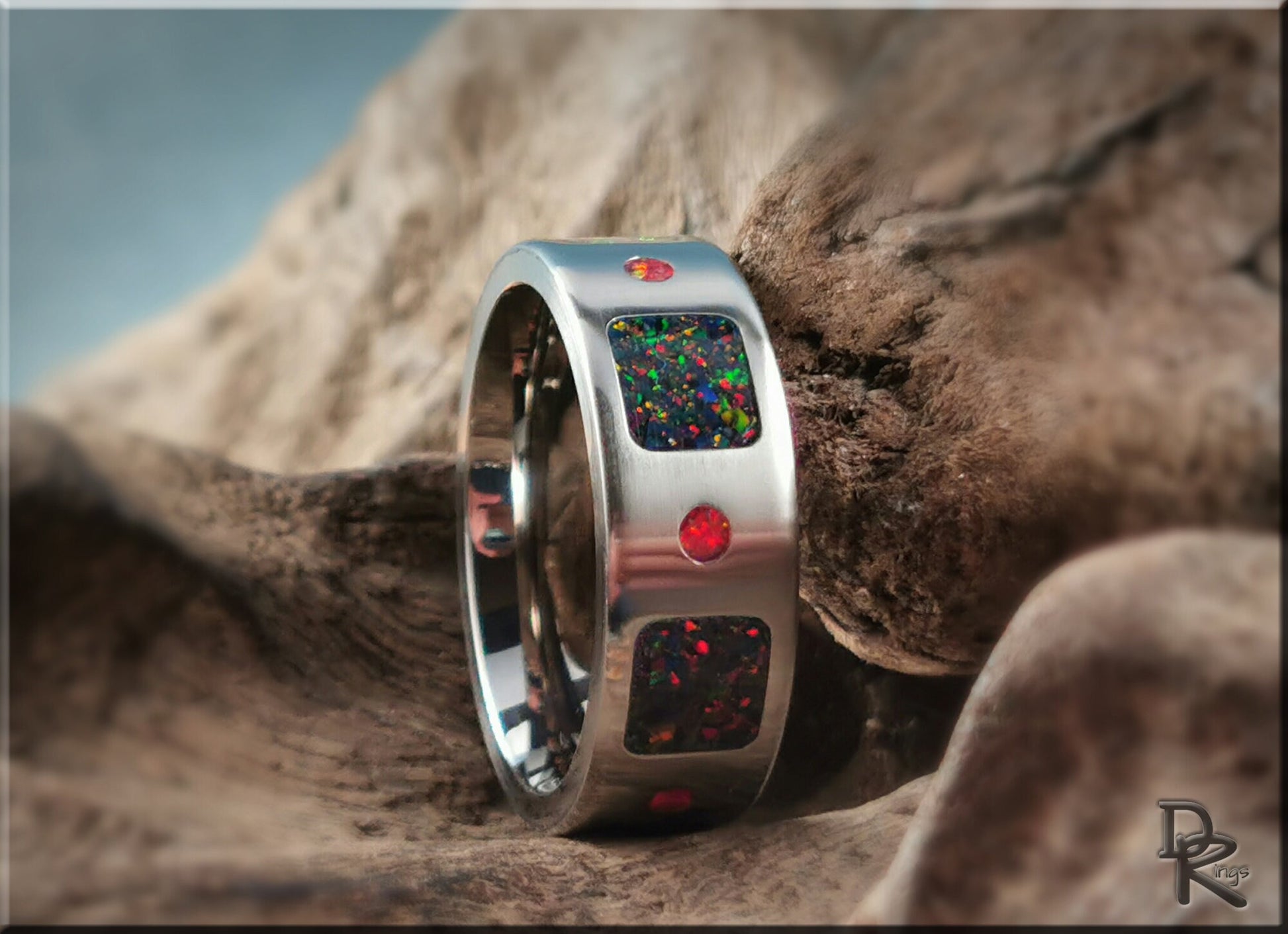 The 'Square Circle' Titanium Pattern Ring w/Dual Opal inlay - metal ring