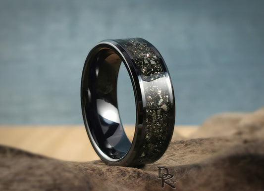 Polished Black Ceramic Channel Ring w/Cocada Pyrite inlay - ceramic ring