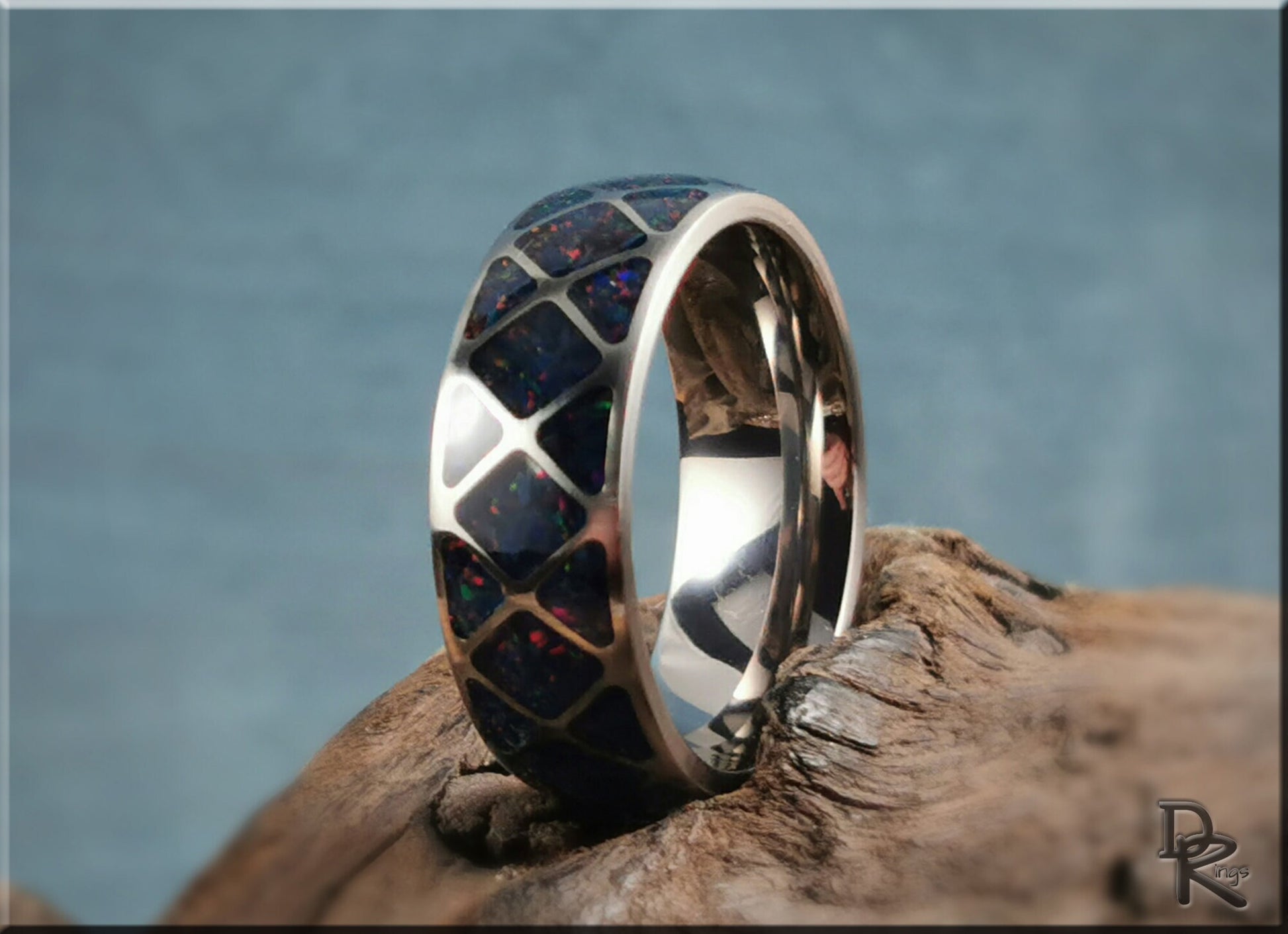 The 'Diamond Triangle' Titanium Pattern Ring w/Opal inlay - metal ring