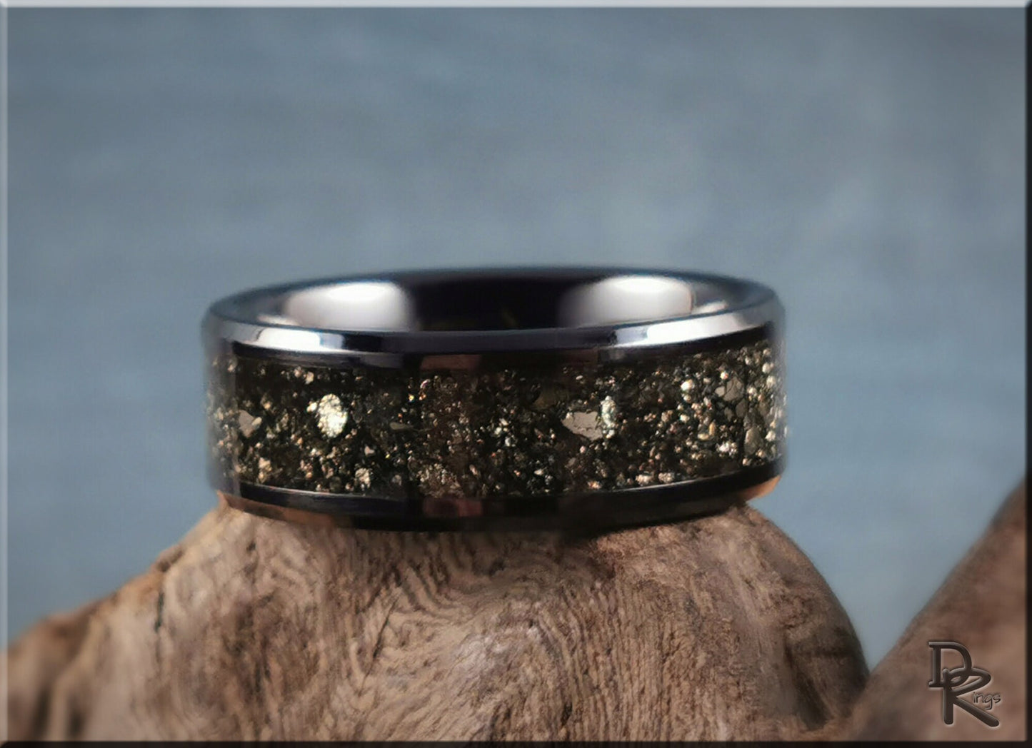 Polished Black Ceramic Channel Ring w/Cocada Pyrite inlay - ceramic ring