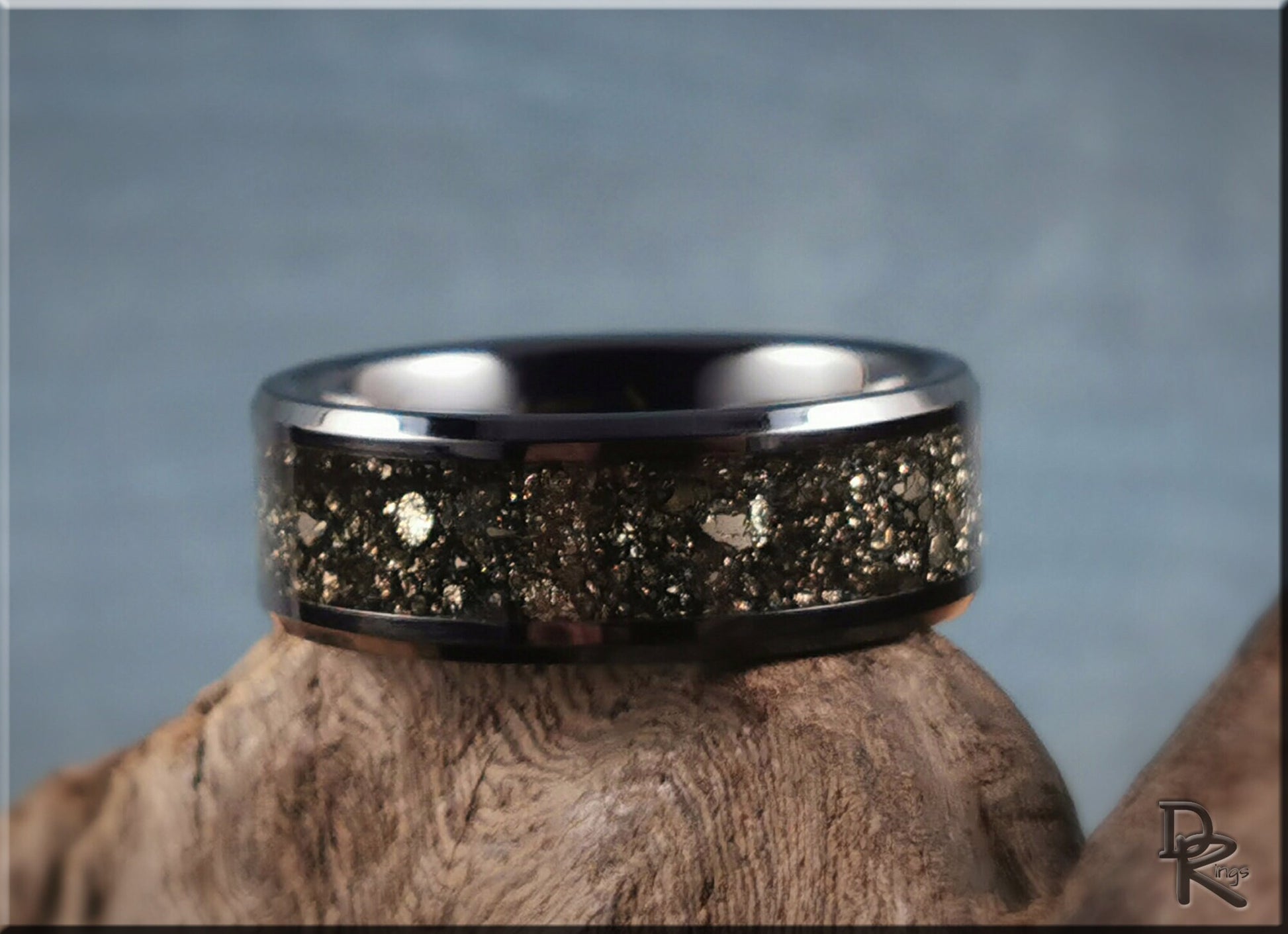 Polished Black Ceramic Channel Ring w/Cocada Pyrite inlay - ceramic ring