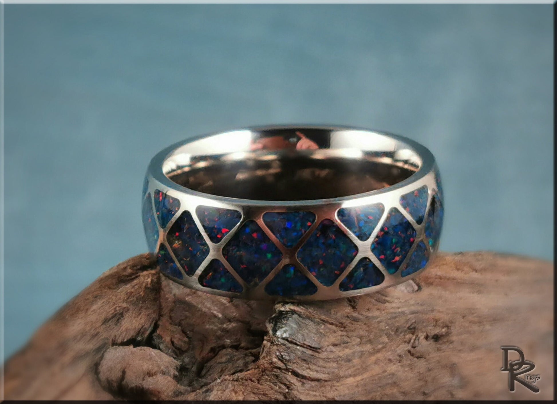 The 'Diamond Triangle' Titanium Pattern Ring w/Opal inlay - metal ring