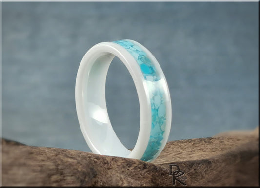 Polished White Ceramic Channel Ring w/Sleeping Beauty Turquoise inlay - ceramic ring