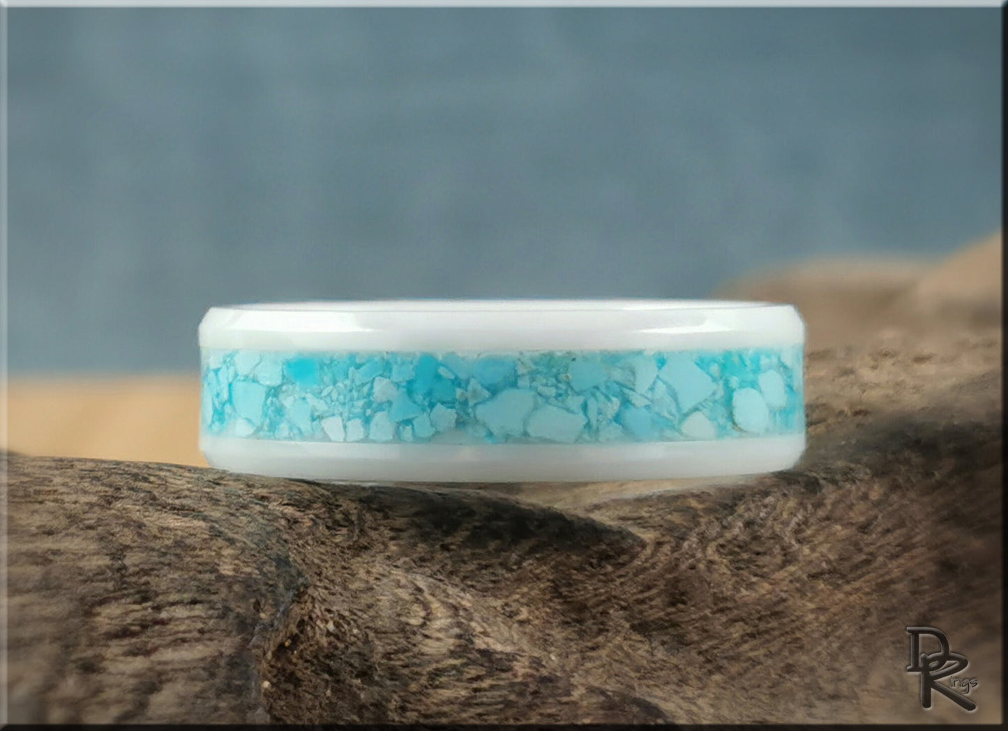 Polished White Ceramic Channel Ring w/Sleeping Beauty Turquoise inlay - ceramic ring