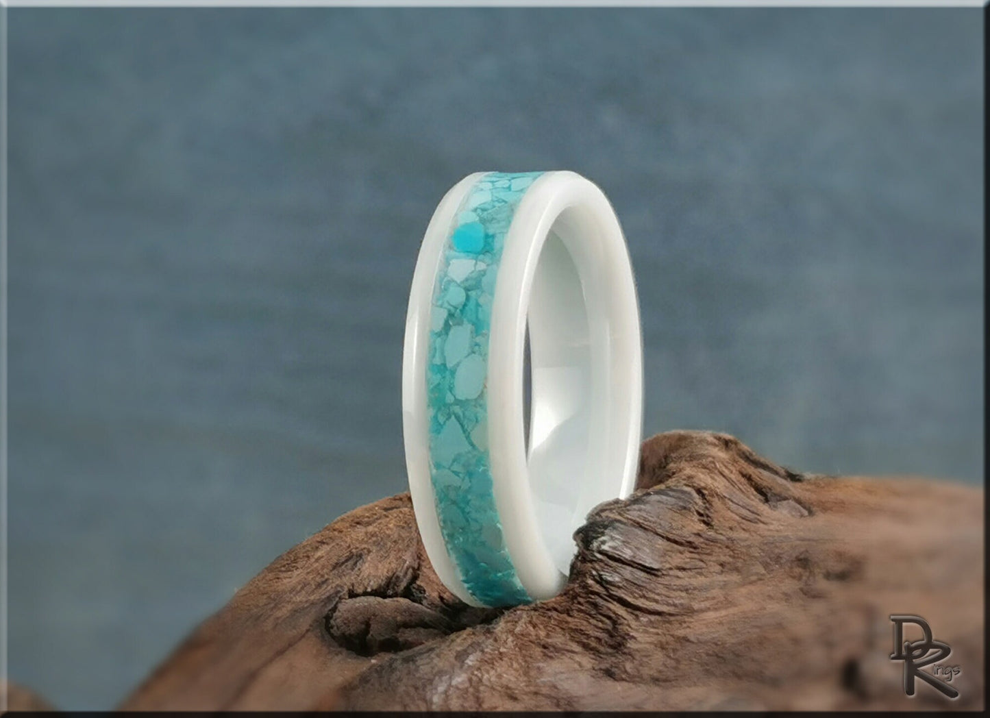 Polished White Ceramic Channel Ring w/Sleeping Beauty Turquoise inlay - ceramic ring