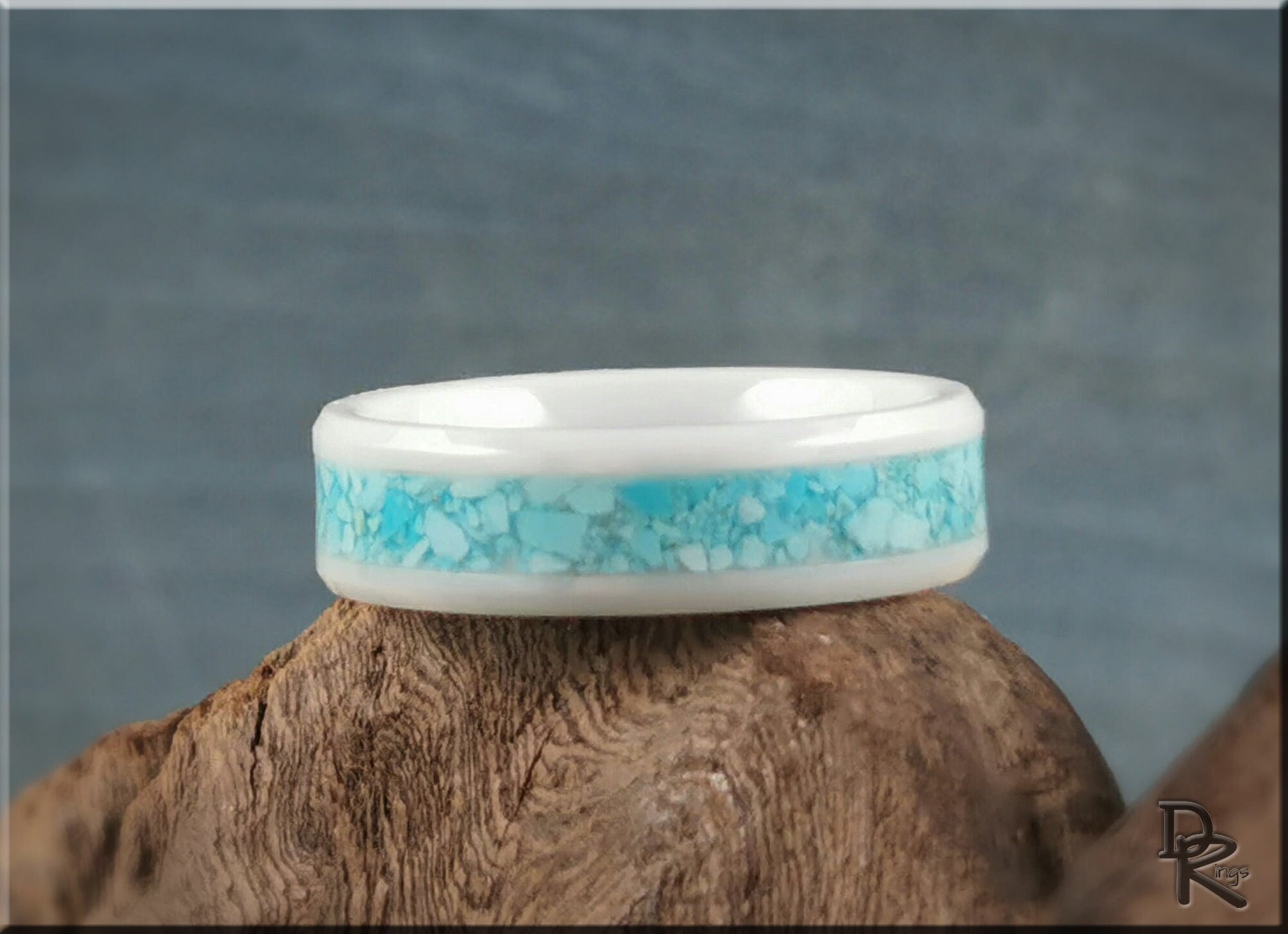Polished White Ceramic Channel Ring w/Sleeping Beauty Turquoise inlay - ceramic ring