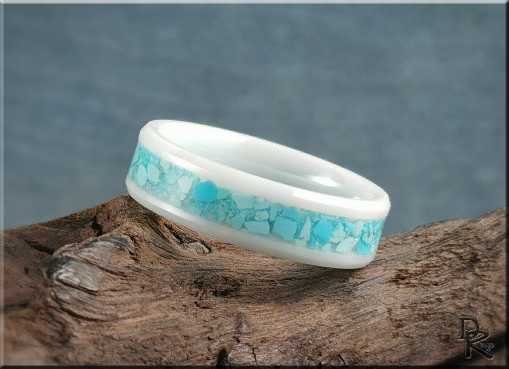 Polished White Ceramic Channel Ring w/Sleeping Beauty Turquoise inlay - ceramic ring