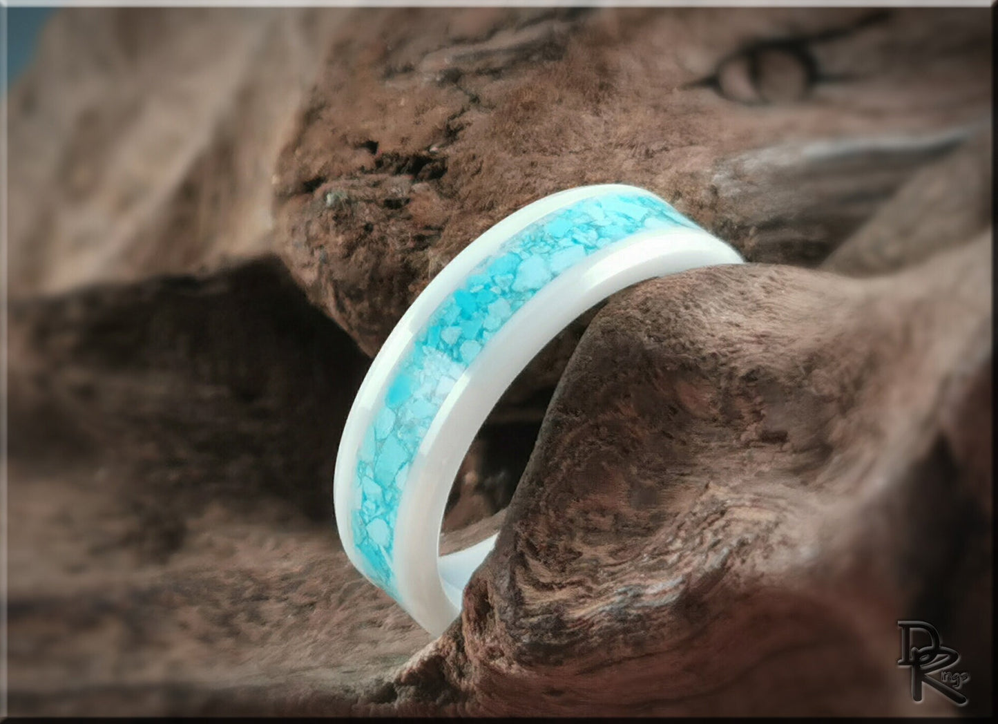 Polished White Ceramic Channel Ring w/Sleeping Beauty Turquoise inlay - ceramic ring