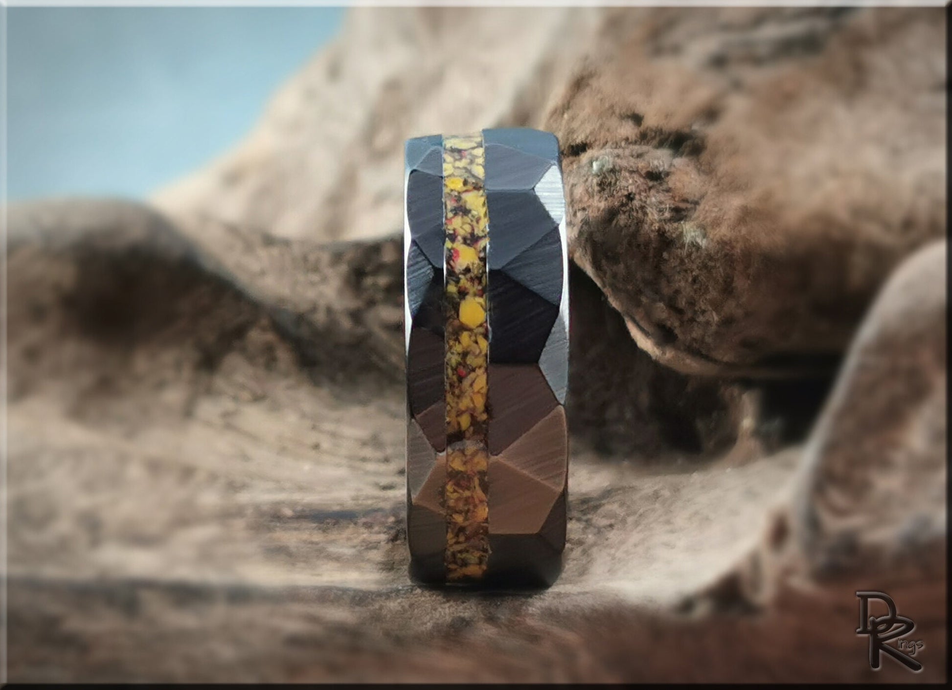 Hammered Black Ceramic Ring w/offset TruStone inlay - 8mm ceramic ring