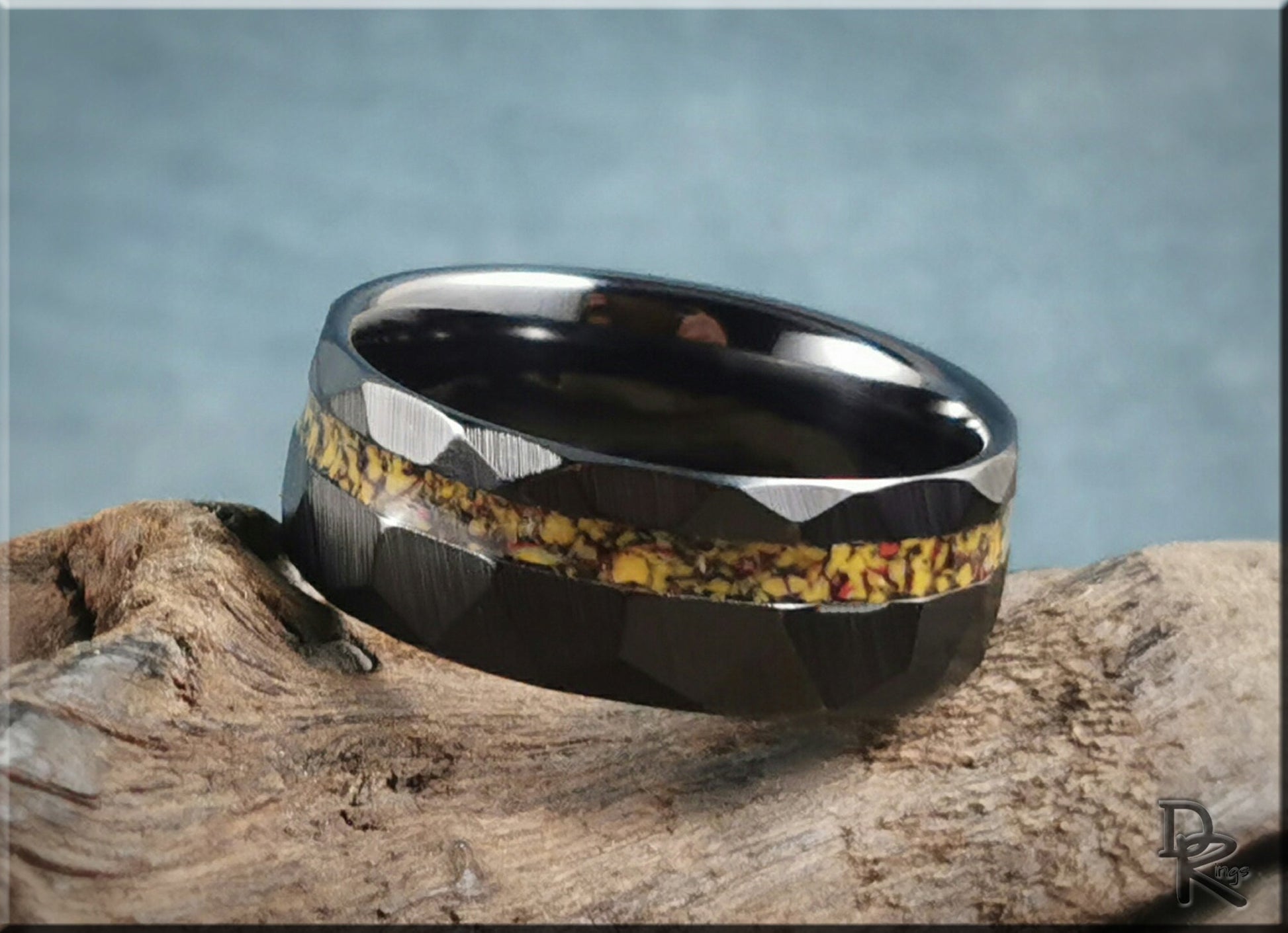 Hammered Black Ceramic Ring w/offset TruStone inlay - 8mm ceramic ring