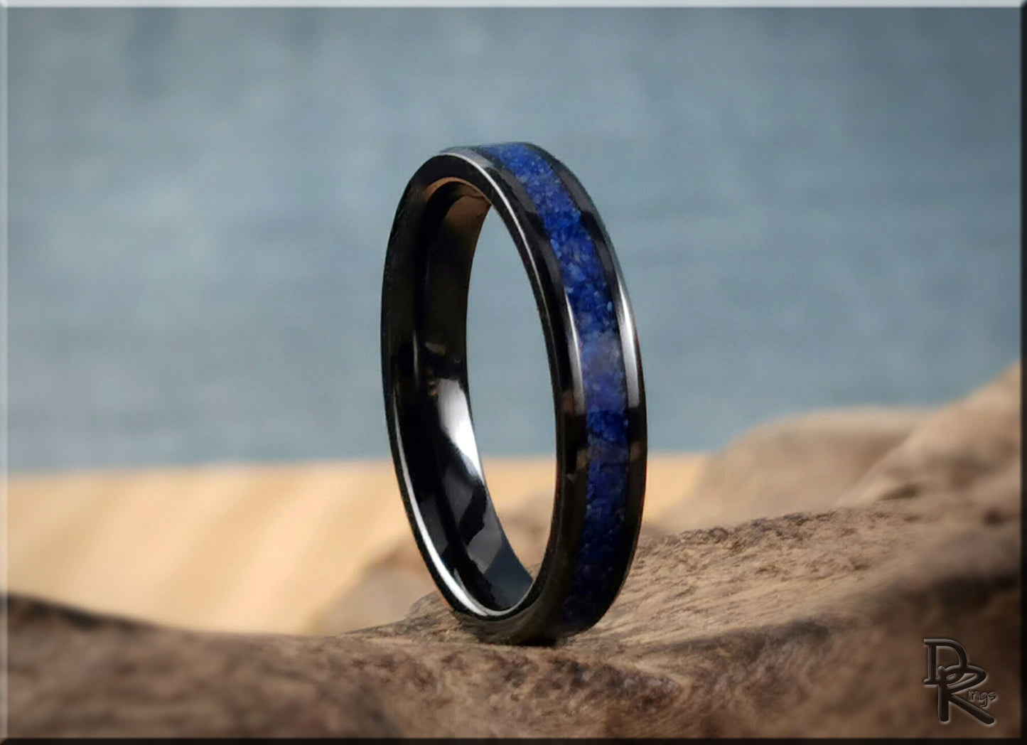 Polished Black Ceramic Channel Ring w/Lapis Lazuli stone inlay - ceramic ring