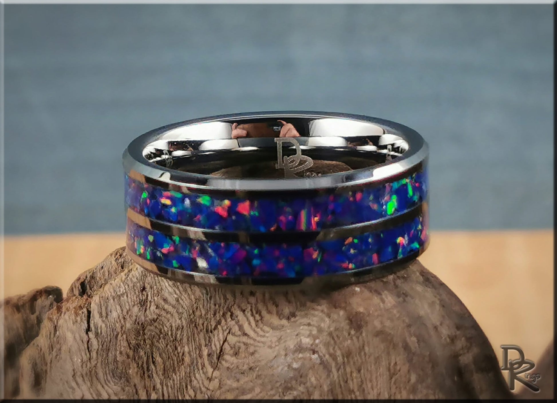 Dual Channel Tungsten Carbide Ring w/Opal inlay - metal ring