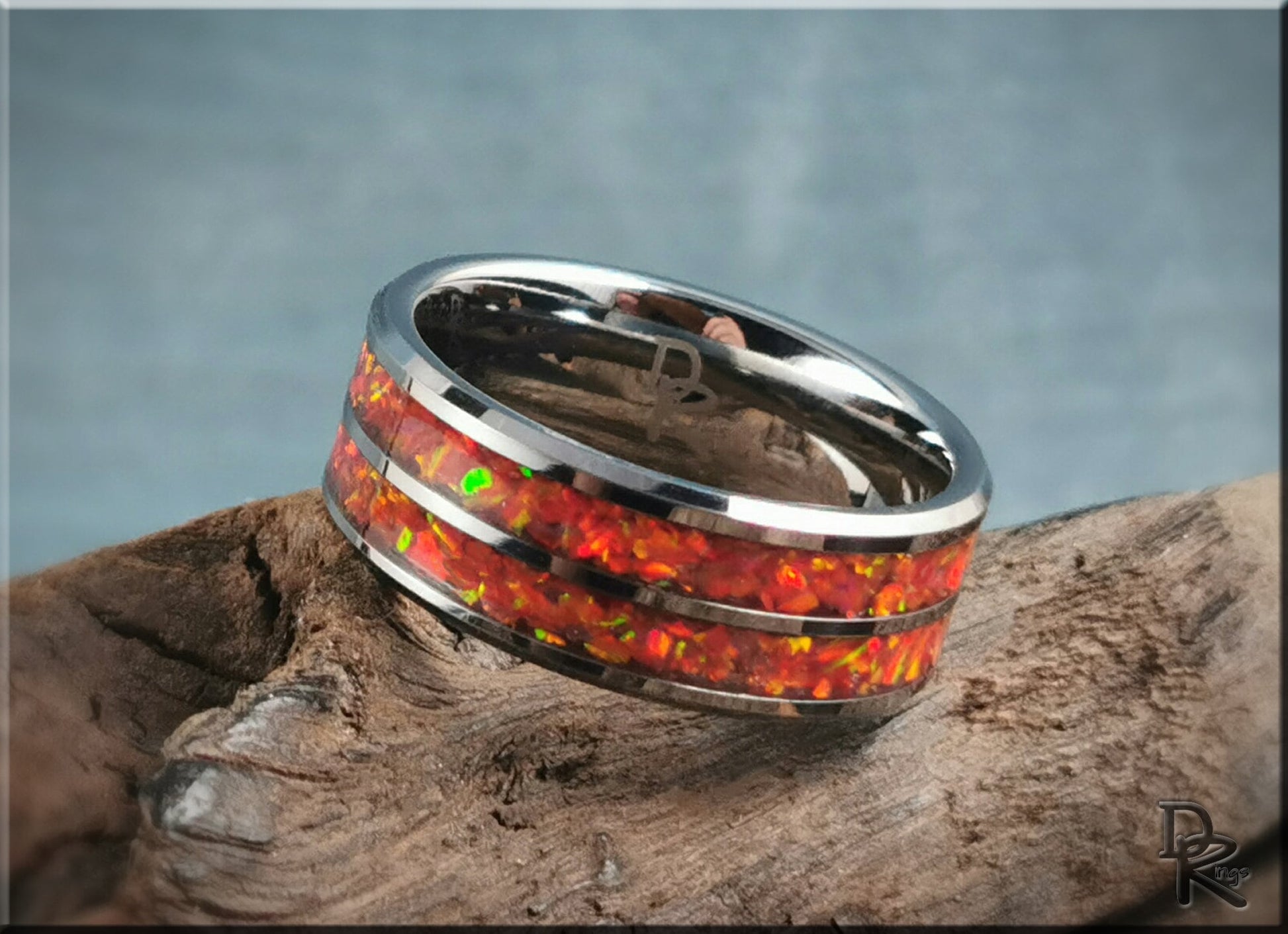 Dual Channel Tungsten Carbide Ring w/Opal inlay - metal ring