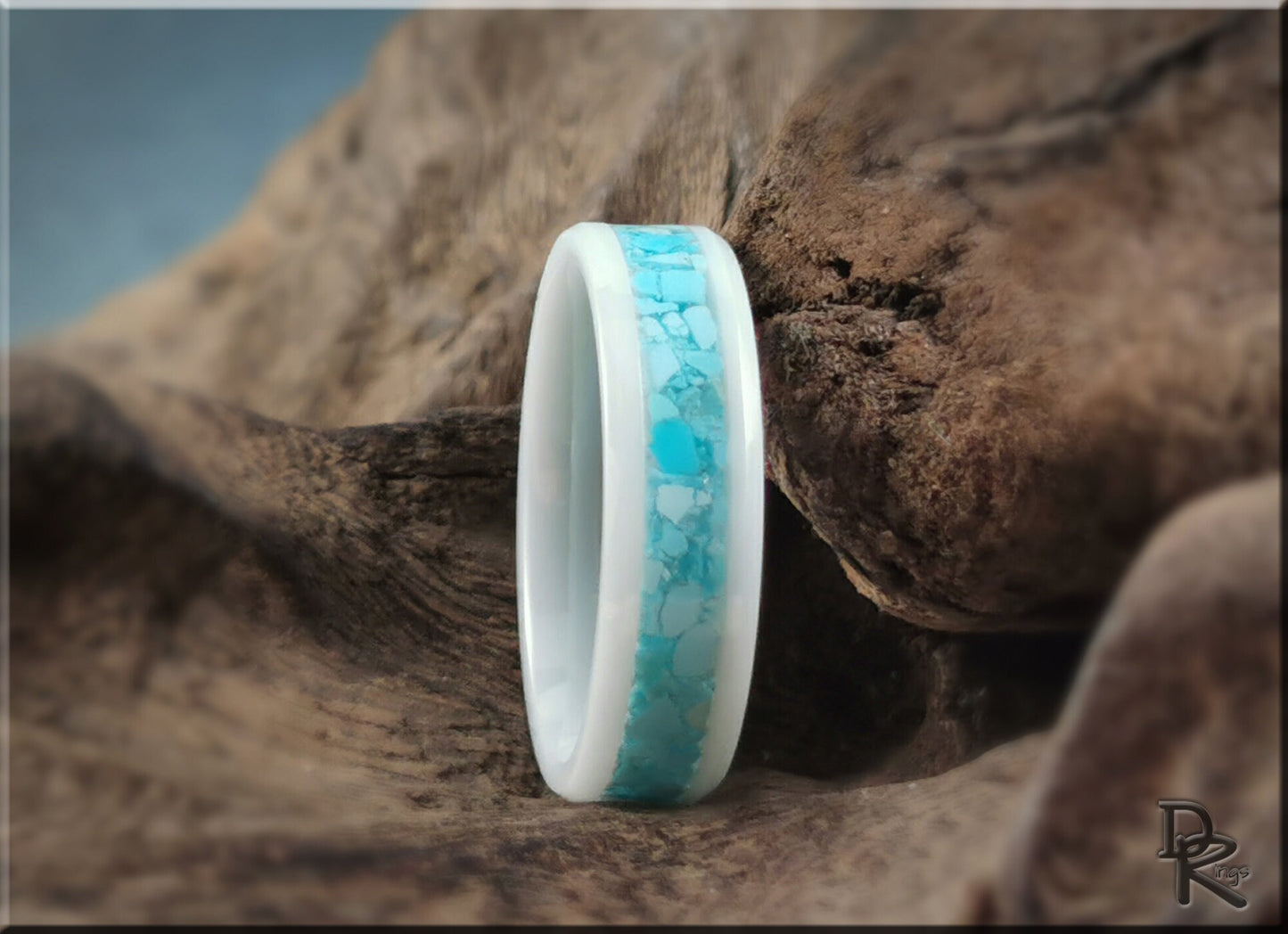 Polished White Ceramic Channel Ring w/Sleeping Beauty Turquoise inlay - ceramic ring