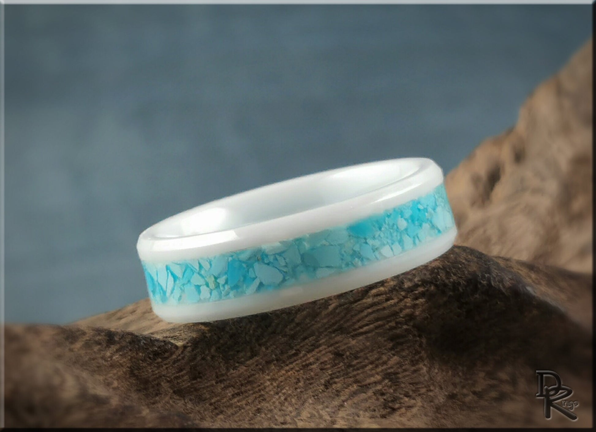 Polished White Ceramic Channel Ring w/Sleeping Beauty Turquoise inlay - ceramic ring