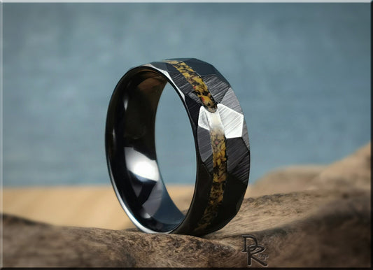 Hammered Black Ceramic Ring w/offset TruStone inlay - 8mm ceramic ring