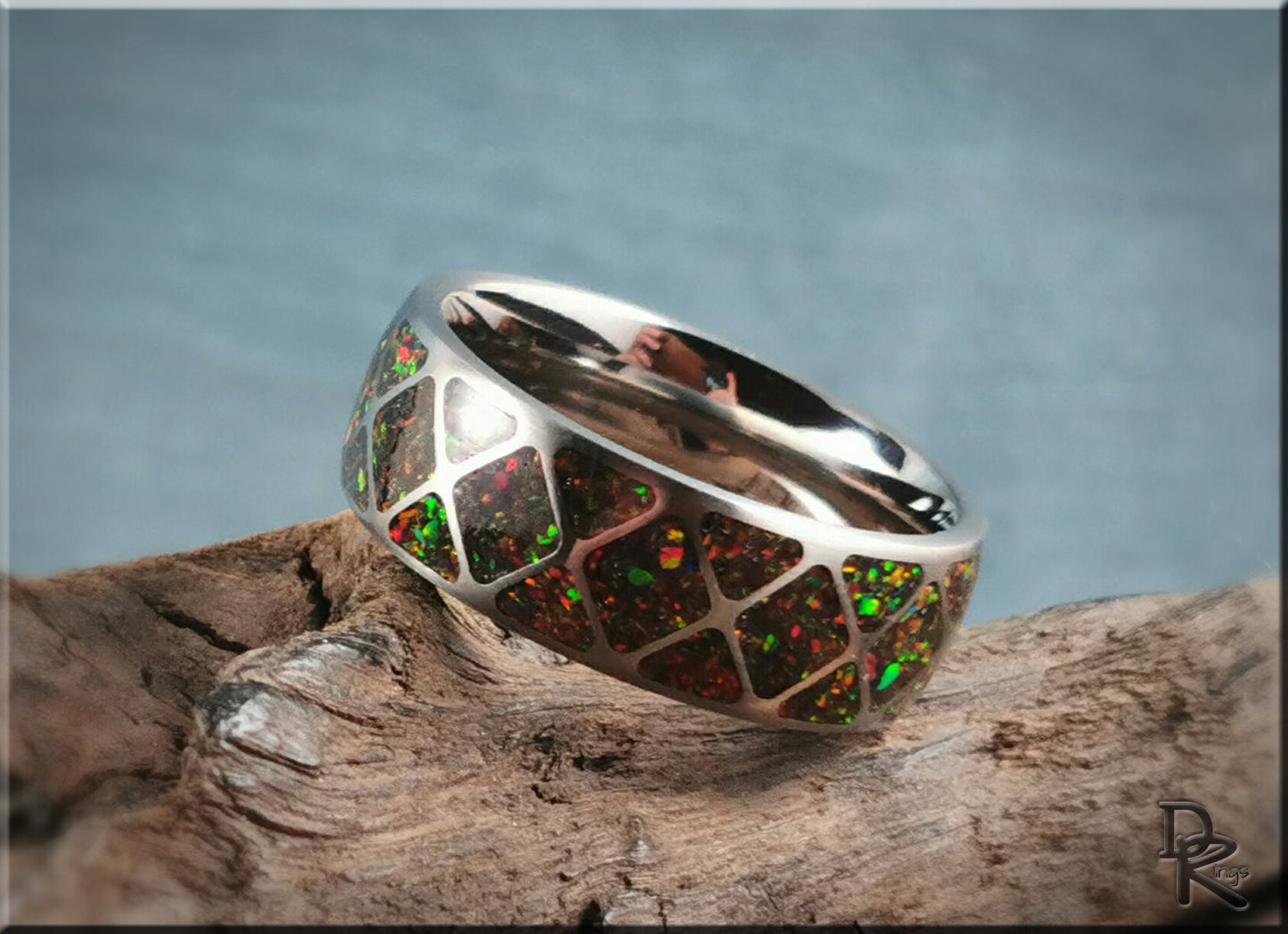 The 'Diamond Triangle' Titanium Pattern Ring w/Opal inlay - metal ring