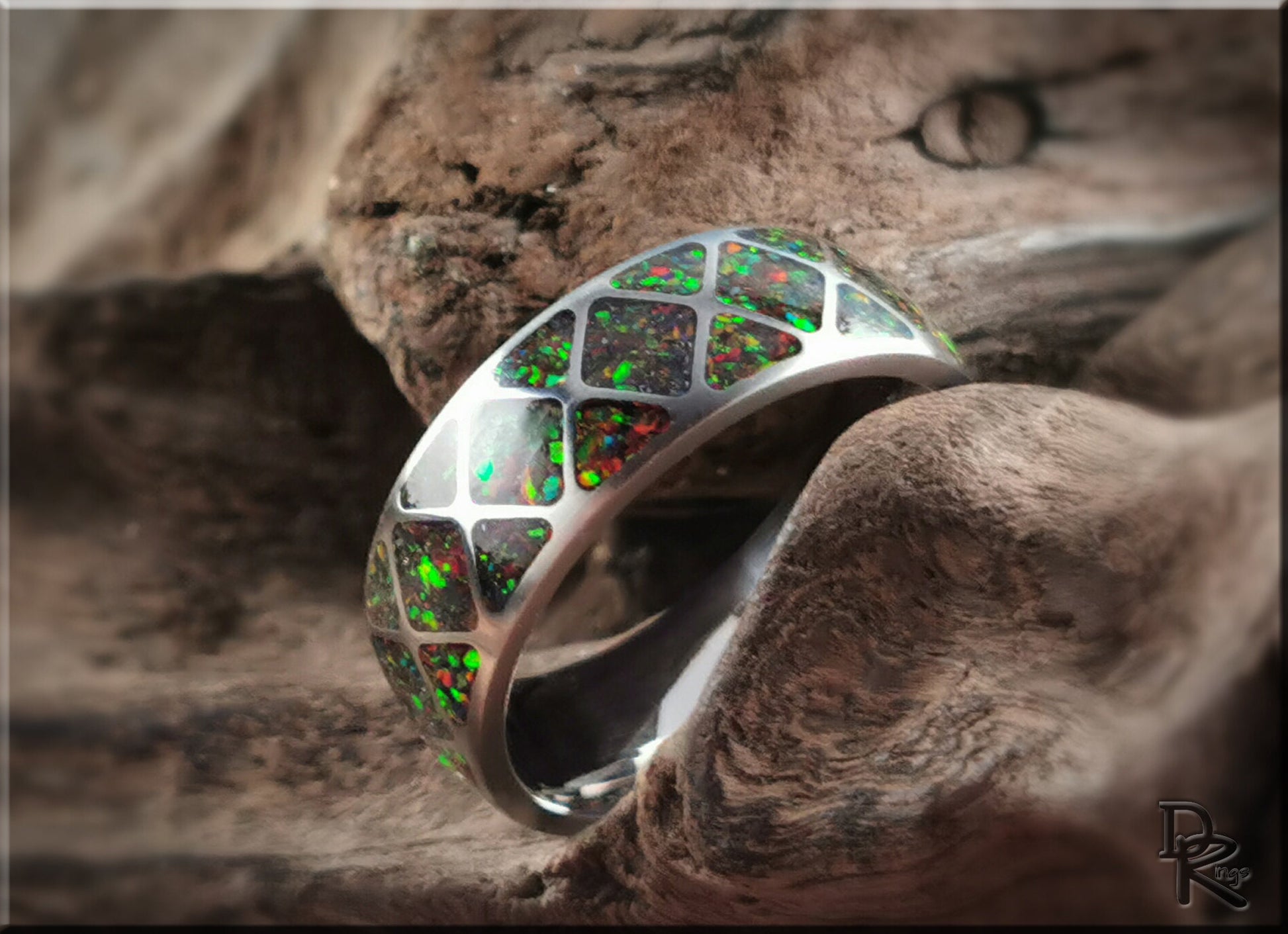 The 'Diamond Triangle' Titanium Pattern Ring w/Opal inlay - metal ring