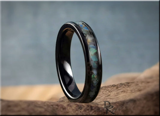 Polished 4mm Black Ceramic Channel Ring w/Australian Cream Opal inlay - ceramic ring