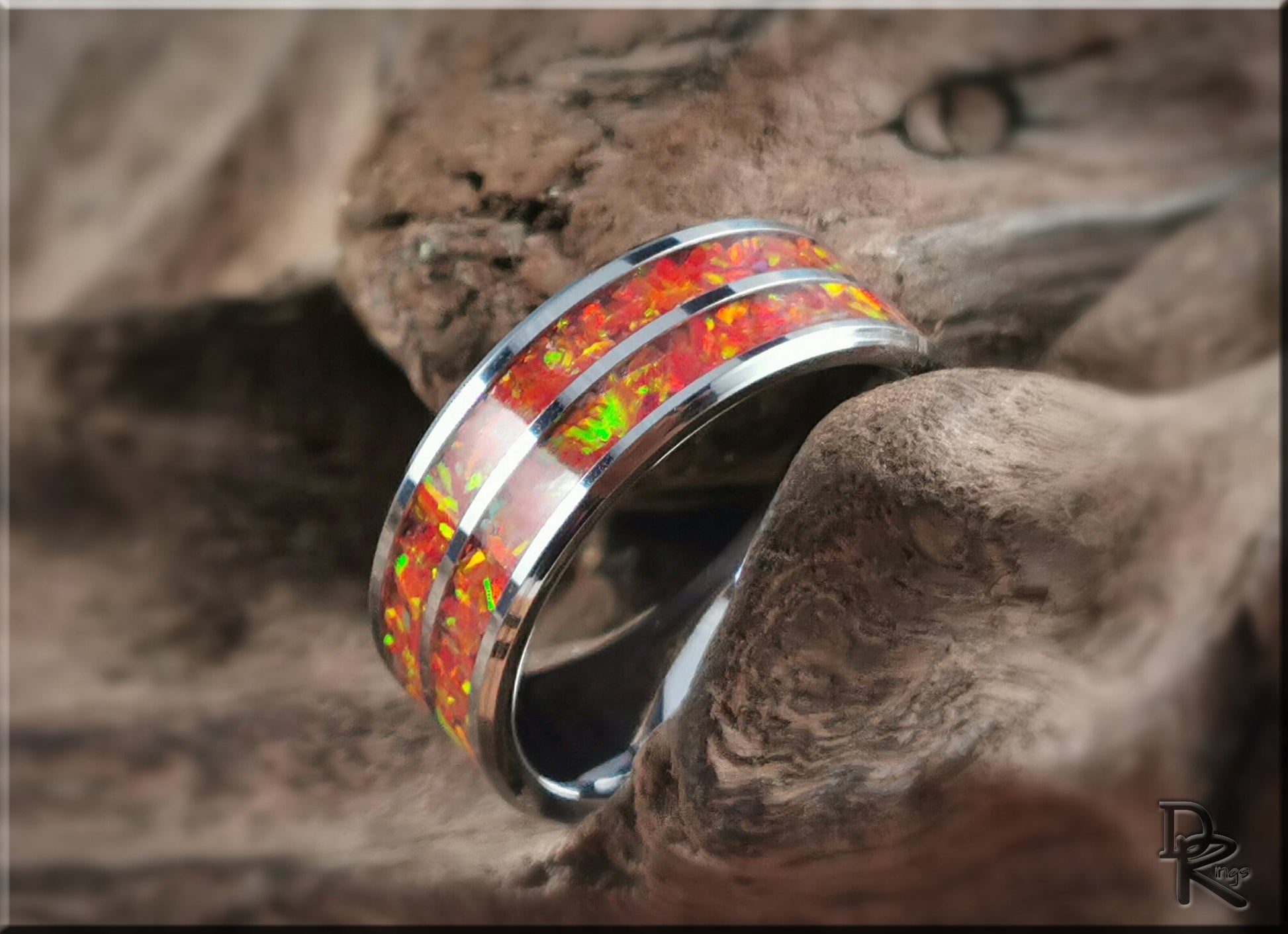 Dual Channel Tungsten Carbide Ring w/Opal inlay - metal ring