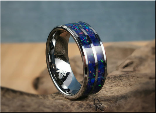 Dual Channel Tungsten Carbide Ring w/Opal inlay - metal ring