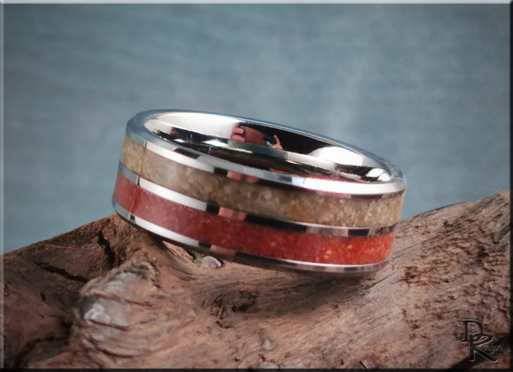Tungsten Carbide 8mm Dual-Channel Ring with Exotic Fort Kochi and Gilf Kebir Sand inlays - metal ring