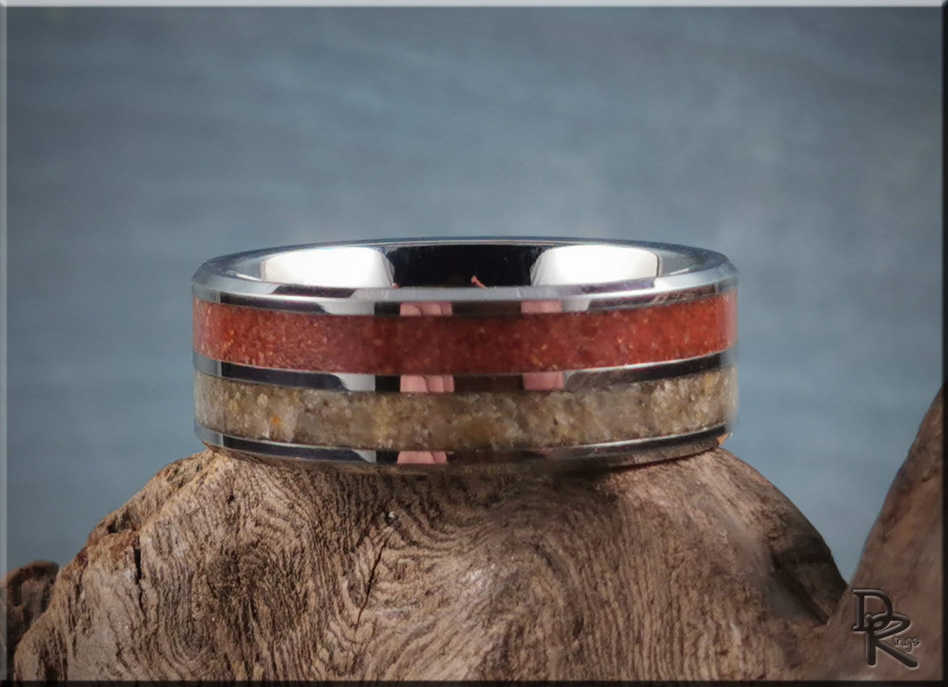 Tungsten Carbide 8mm Dual-Channel Ring with Exotic Fort Kochi and Gilf Kebir Sand inlays - metal ring