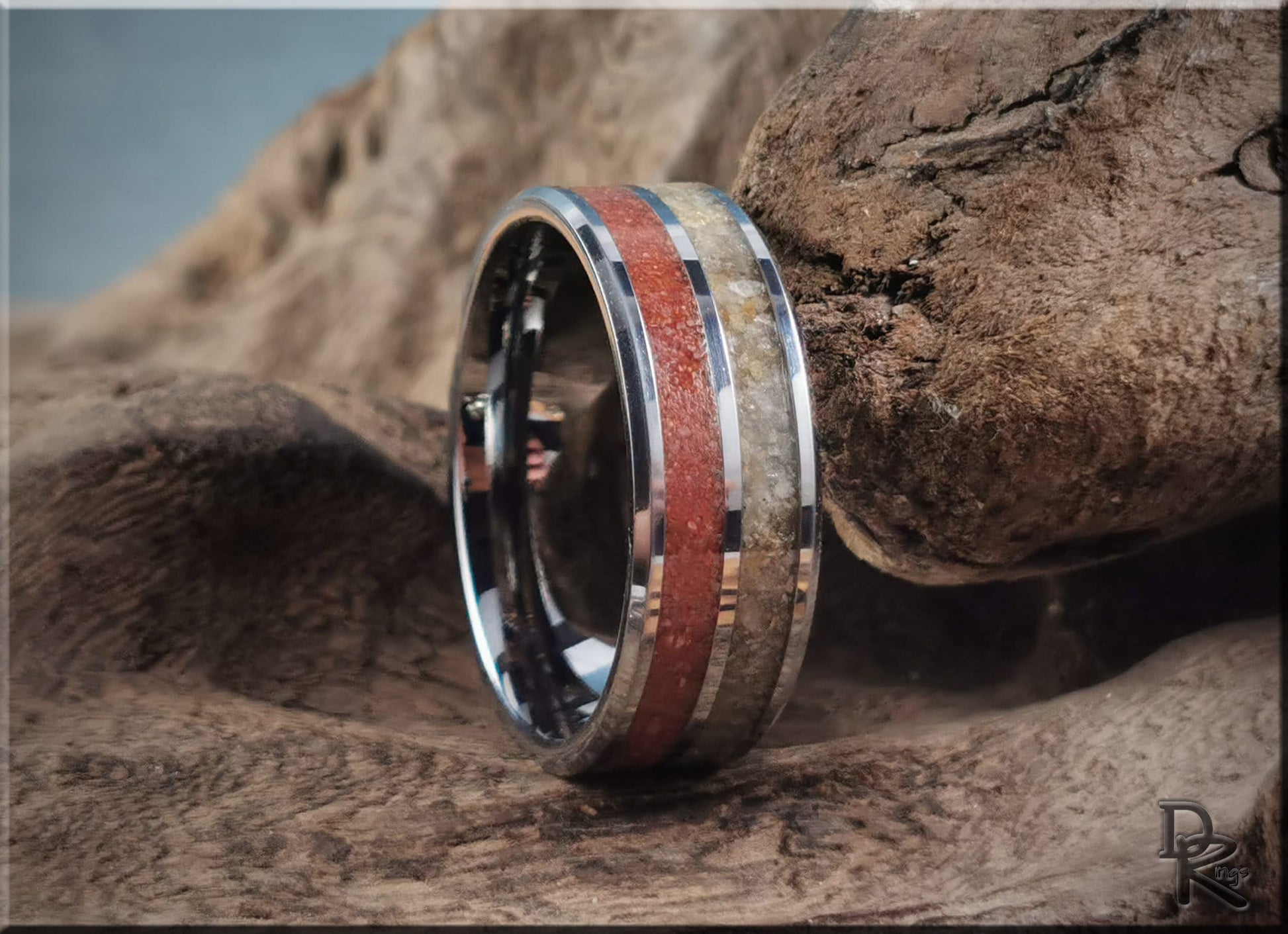 Tungsten Carbide 8mm Dual-Channel Ring with Exotic Fort Kochi and Gilf Kebir Sand inlays - metal ring