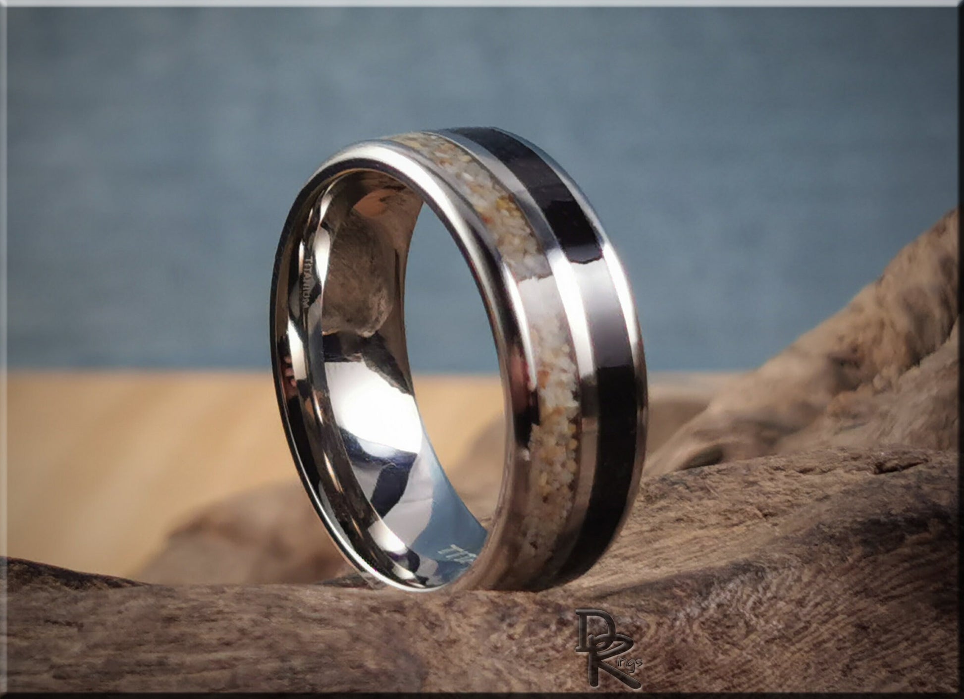 Titanium Dual-Channel 8mm Ring with Exotic Mount Bromo Volcanic and Pirate Beach Sand inlays - metal ring