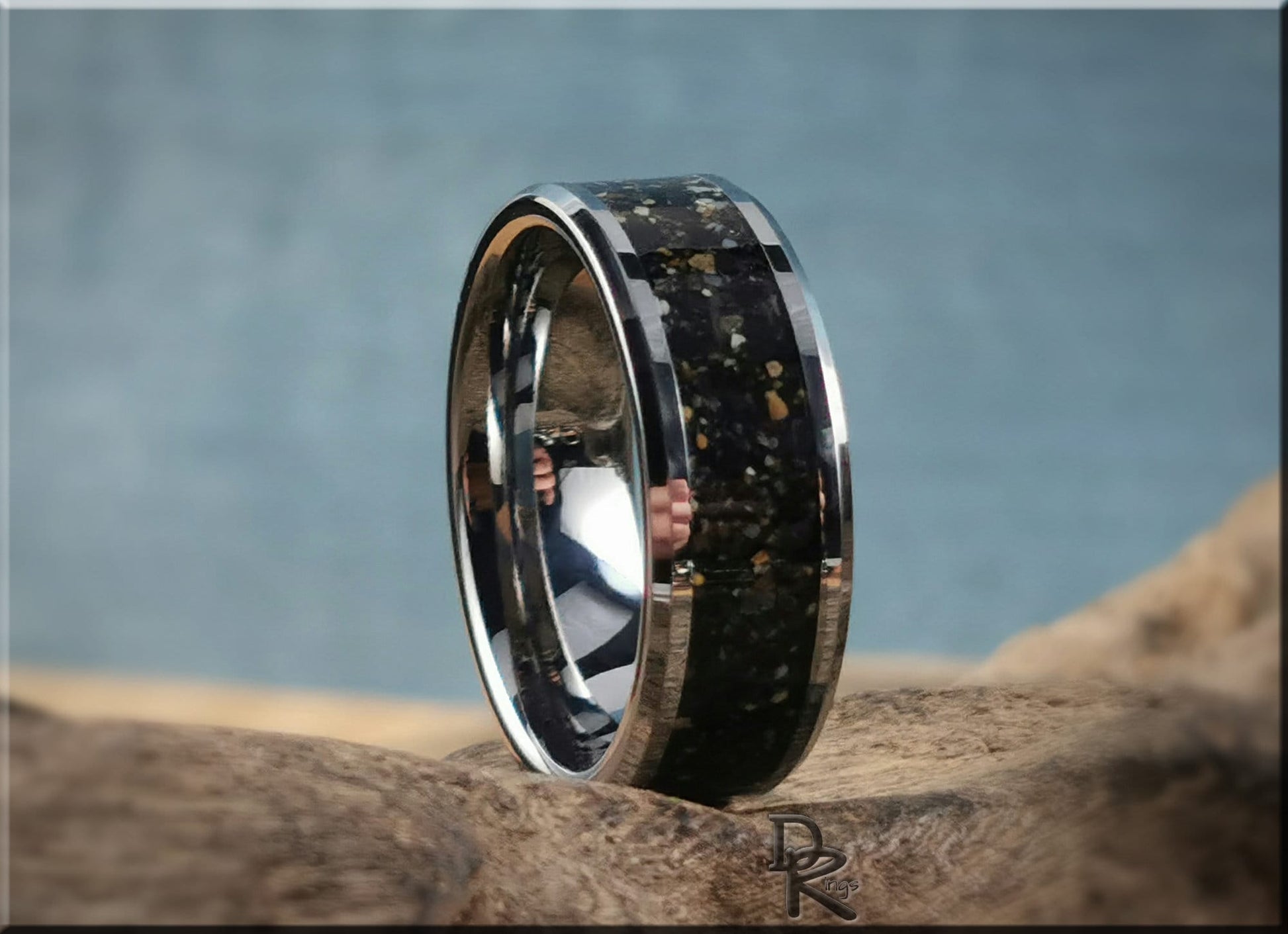 Tungsten Carbide Channel Ring w/Fuertaventura Volcanic Sand inlay - metal ring