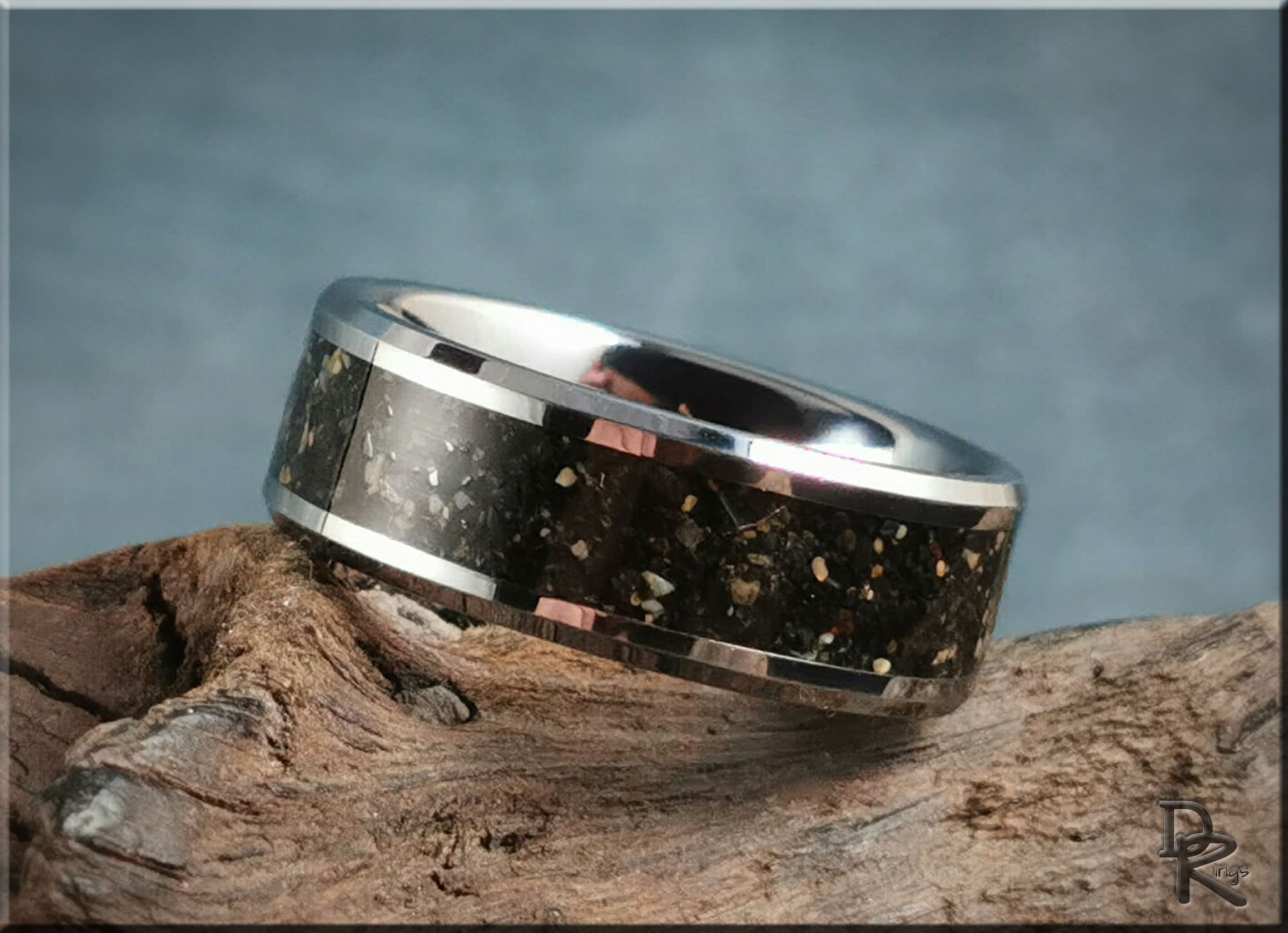 Tungsten Carbide Channel Ring w/Fuertaventura Volcanic Sand inlay - metal ring