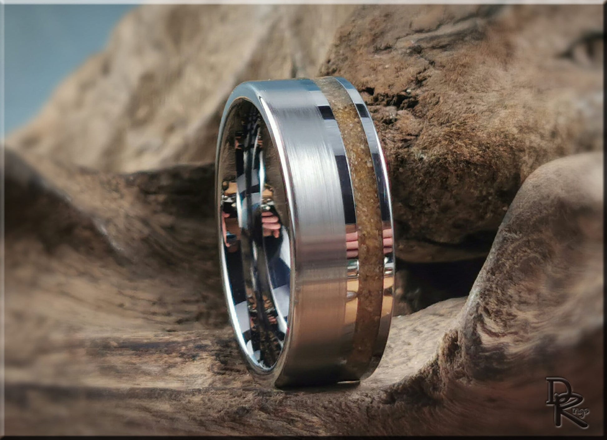 Tungsten Carbide Channel Ring w/offset Great Sand Sea Sand inlay - metal ring