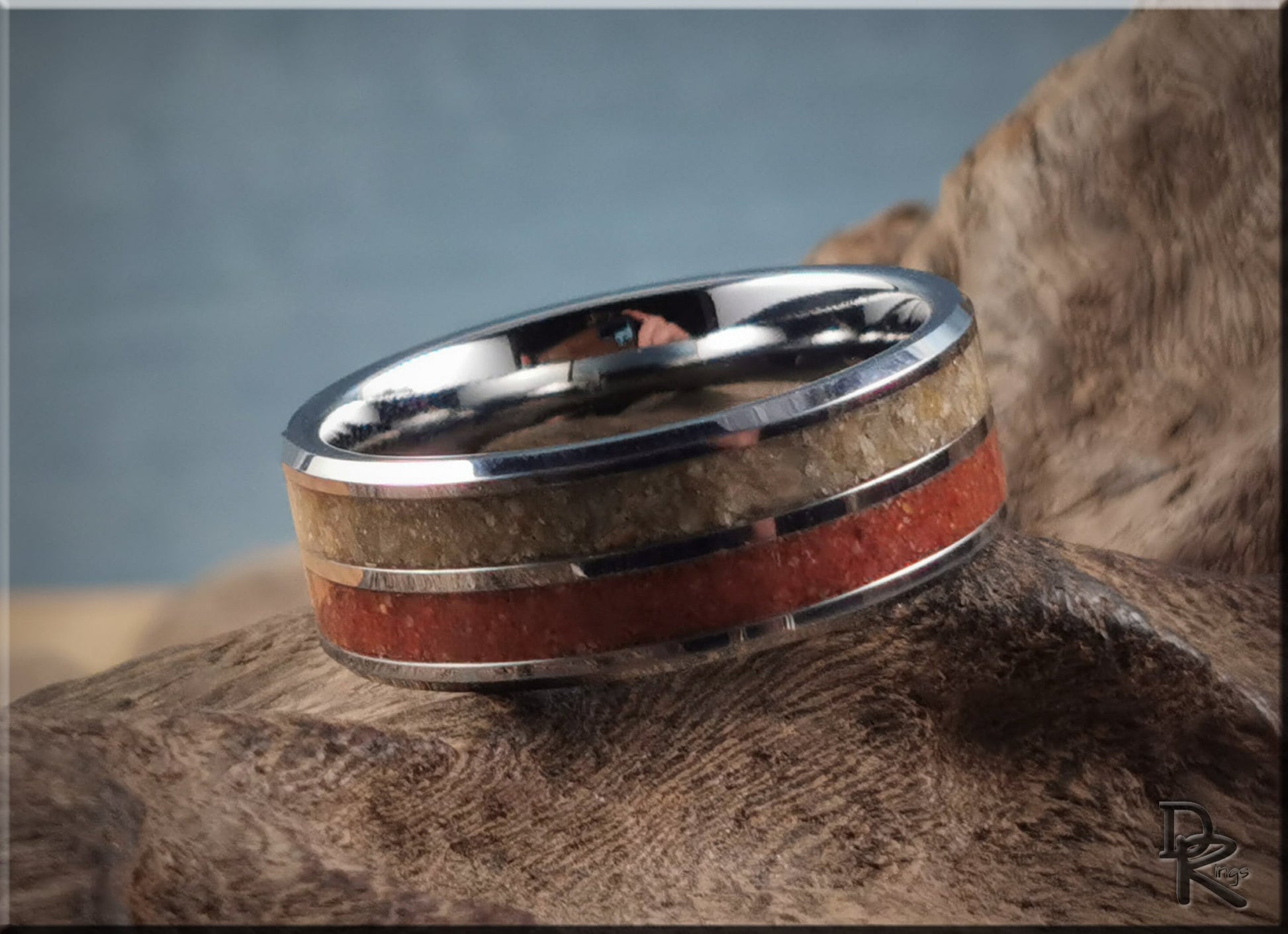 Tungsten Carbide 8mm Dual-Channel Ring with Exotic Fort Kochi and Gilf Kebir Sand inlays - metal ring