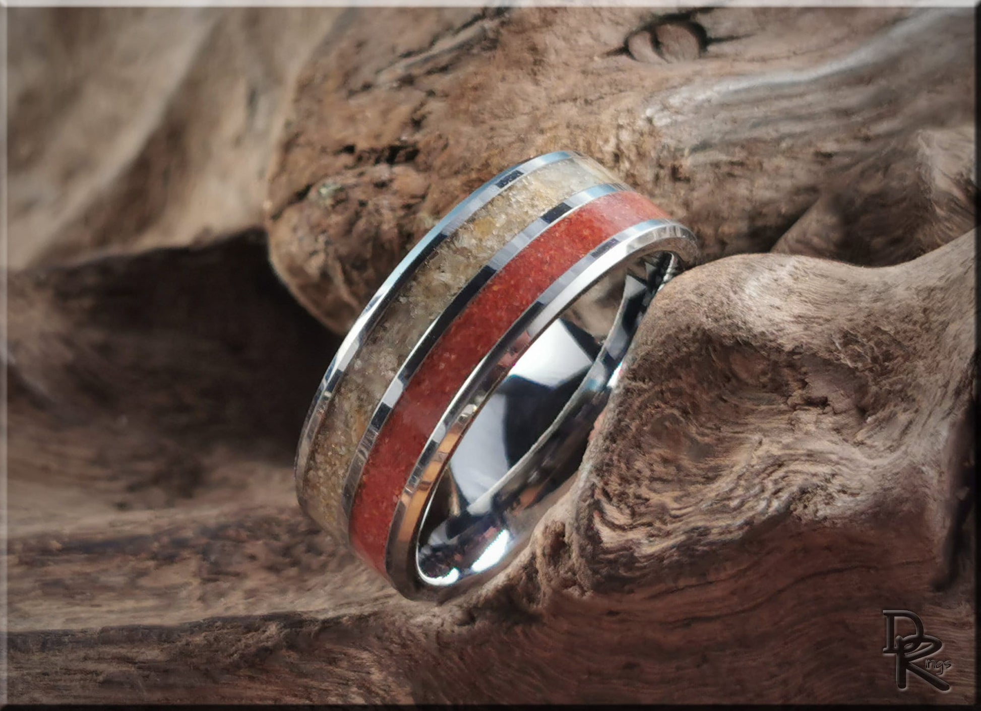 Tungsten Carbide 8mm Dual-Channel Ring with Exotic Fort Kochi and Gilf Kebir Sand inlays - metal ring