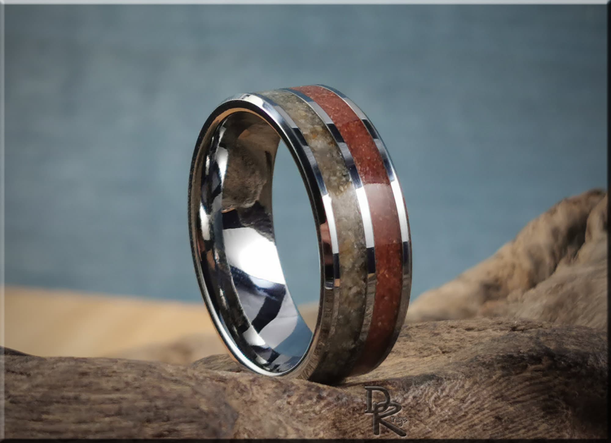 Tungsten Carbide 8mm Dual Channel Ring with Exotic Fort Kochi and Gilf Kebir Sand inlays metal ring