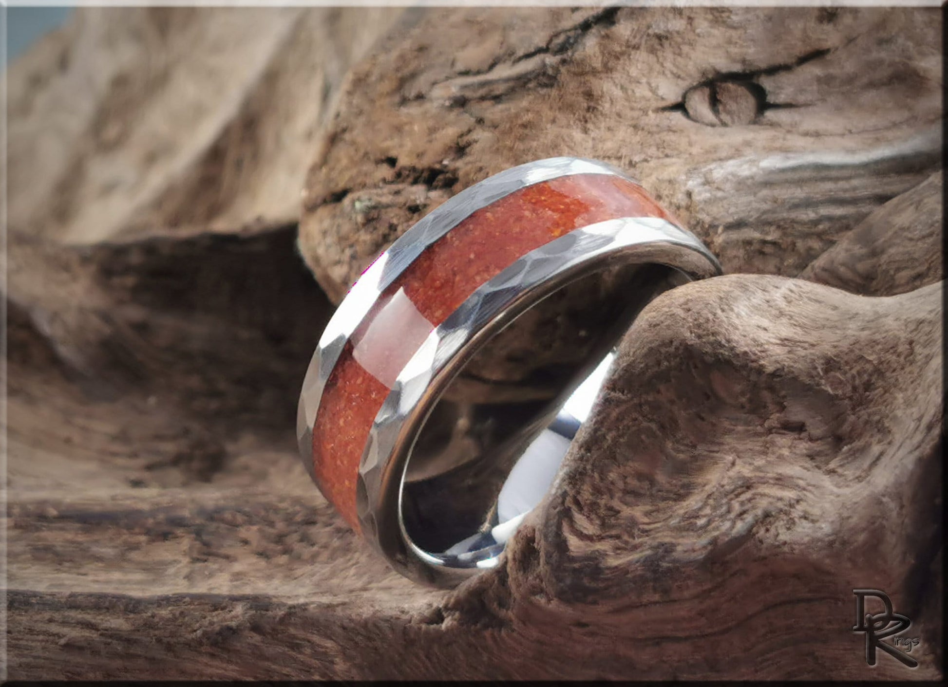 Hammered Tungsten Carbide Ring with exotic Gilf Kebir Sand inlay - metal ring