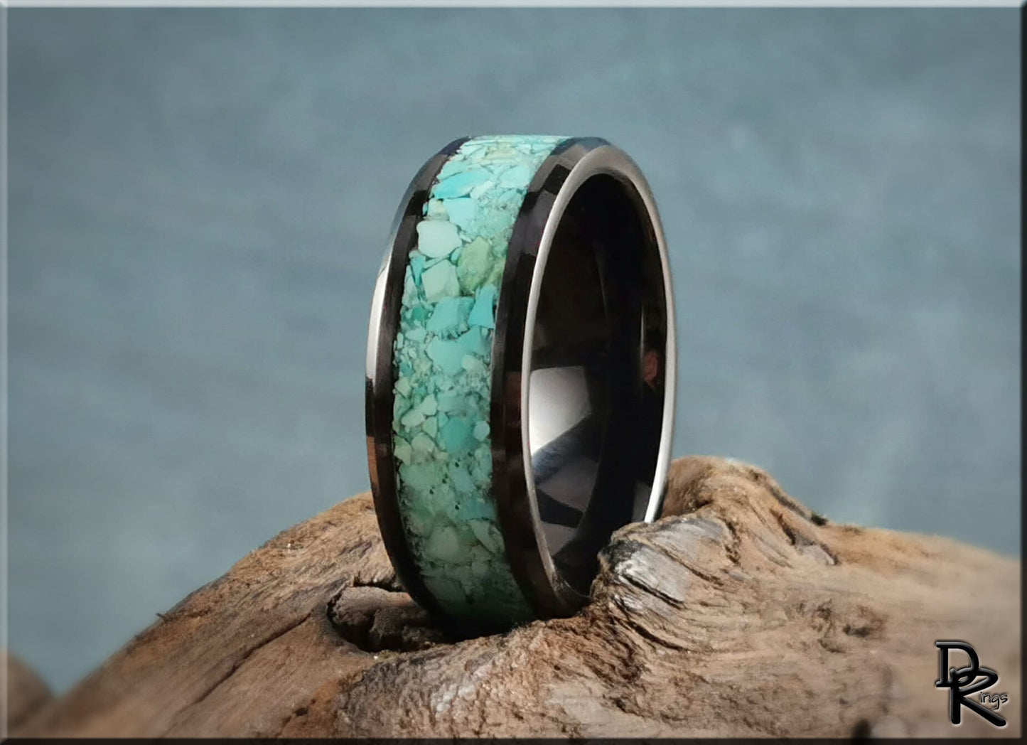 Polished Black Ceramic Channel Ring w/Fox Mine Turquoise inlay - ceramic ring
